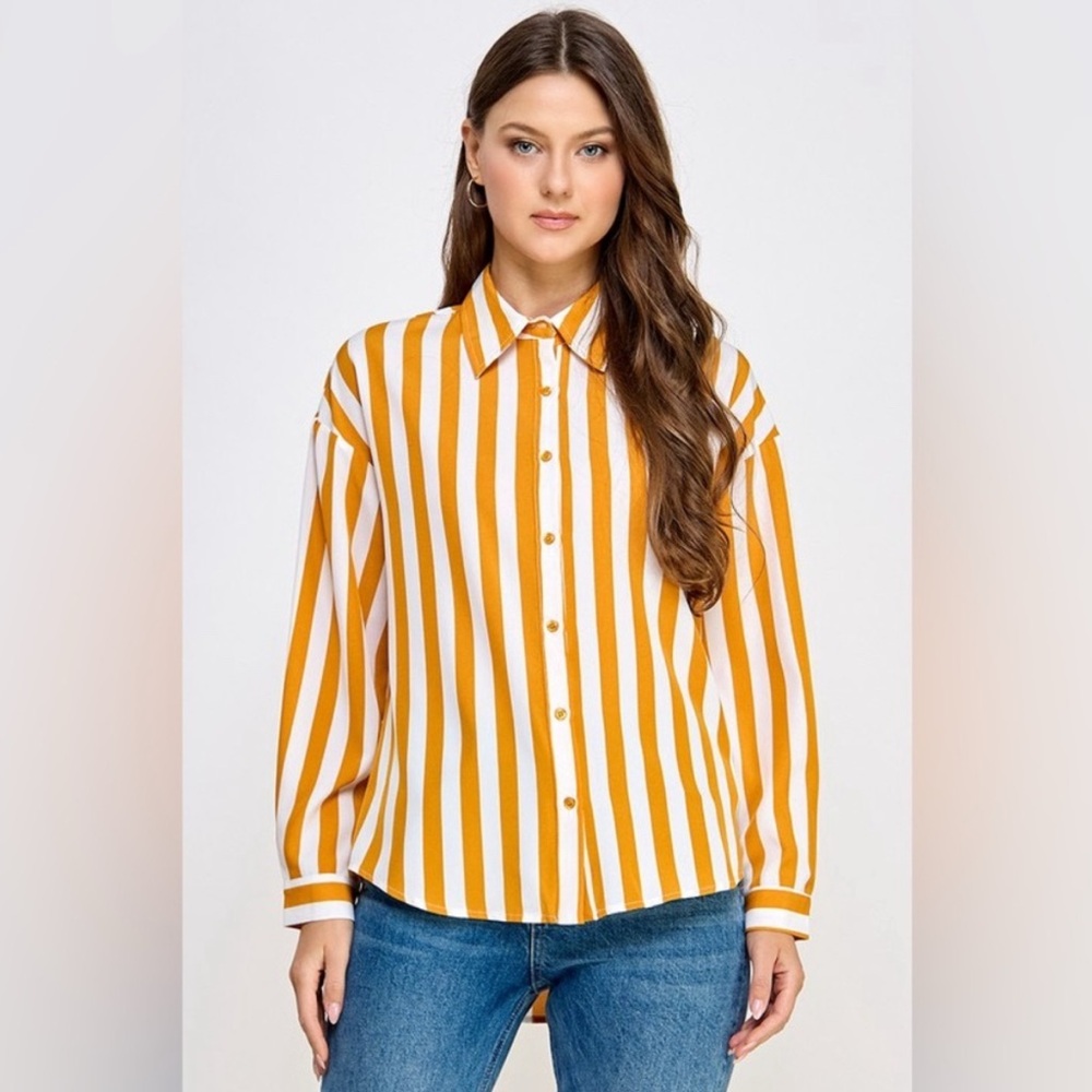 Gold and White Striped Button Up Collar Shirt